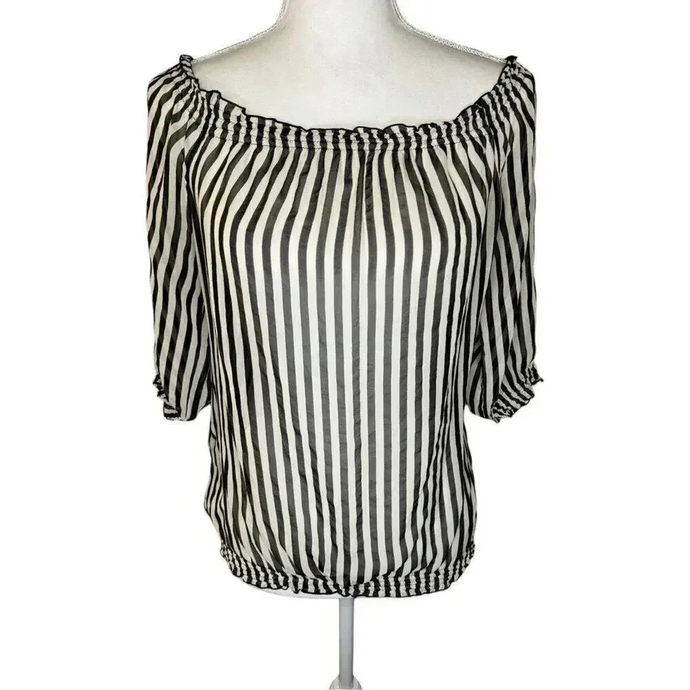 WHBM Women’s Small Black & Cream Semi-Sheer Striped Banded‎ Bottom Top